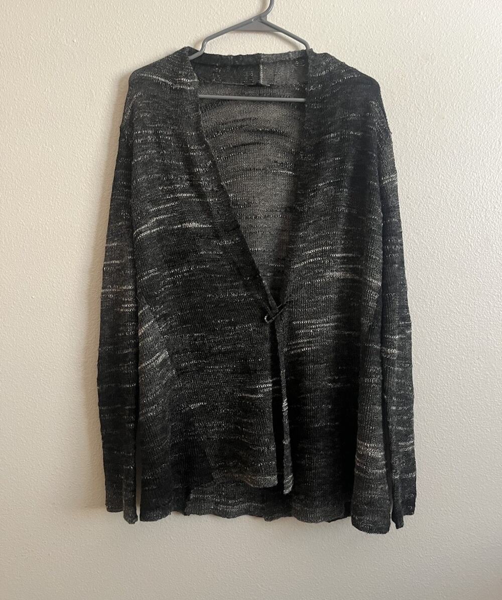 Eileen Fisher Open Knit Cardigan Medium Black Gray Mohair Wool Italian Yarn